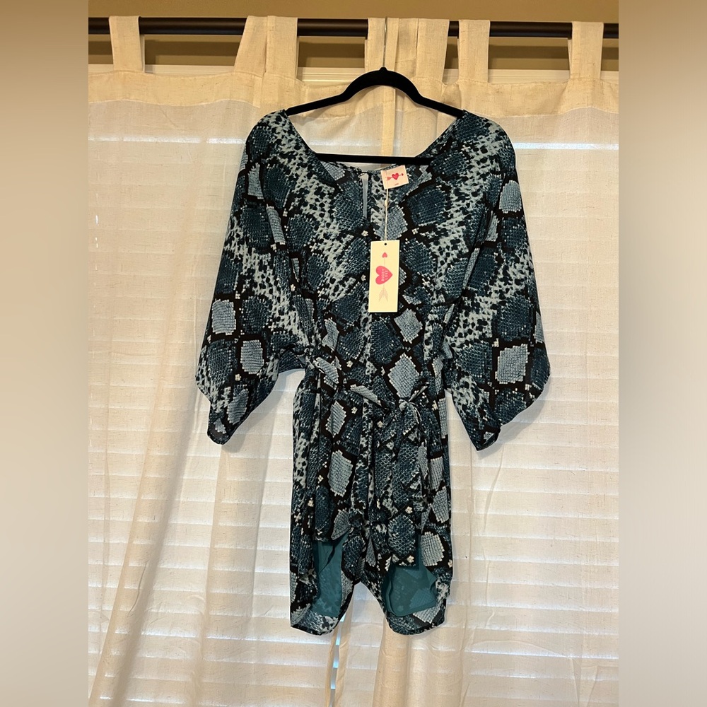 Buddy Love shorts romper, large, blue snake print